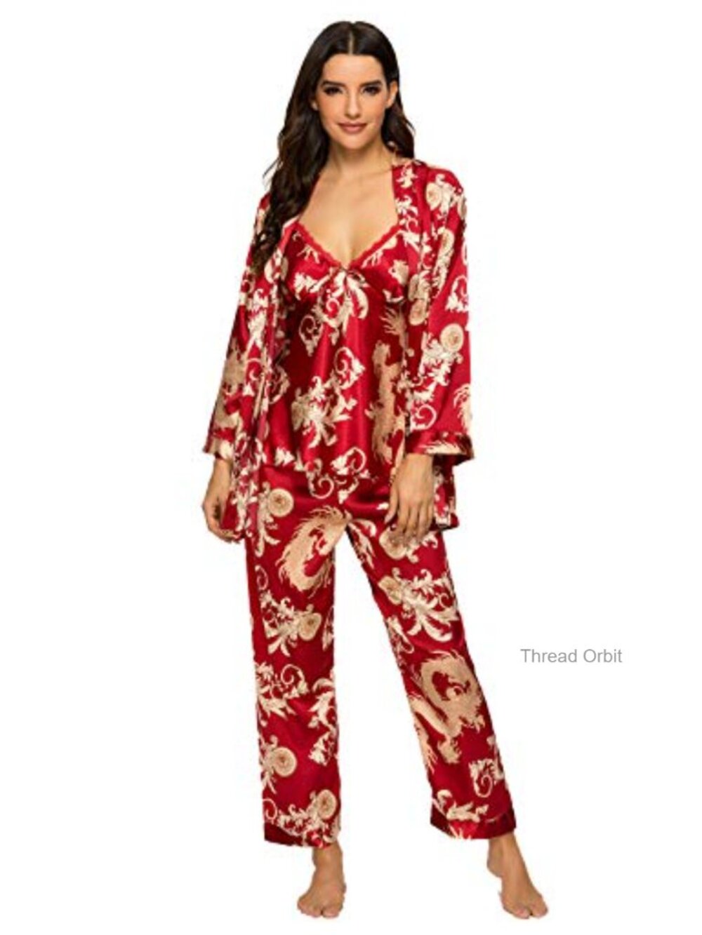 Women's Silk Satin 3Pc Pajama Set Cami Robe Pants Sleepwear